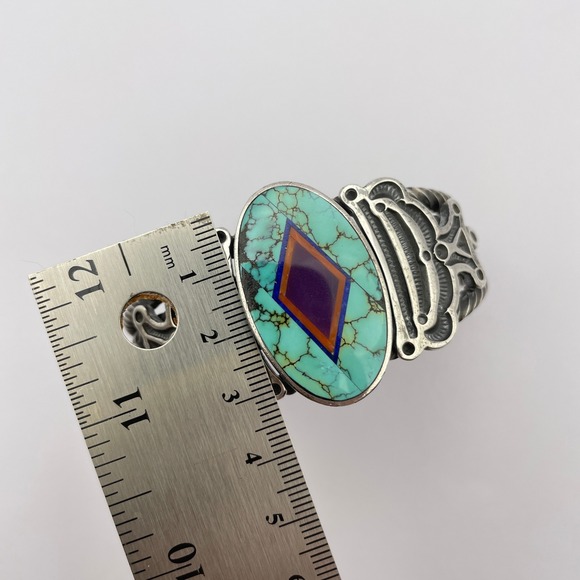 Vintage Navajo Ray Tracey & Knifewing Segura Sterling Silver Inlay Cuff Bracelet - Picture 13 of 16